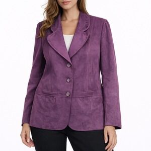 Alfred Dunner Purple Faux Suede Ruffle Collar Blazer Jacket Womens 20W Plus Size